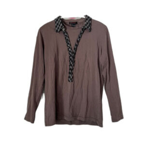 CUSTO BARCELONA Gray Henley Plaid Stitch Collar Y2K Shirt Top Women's Size Small